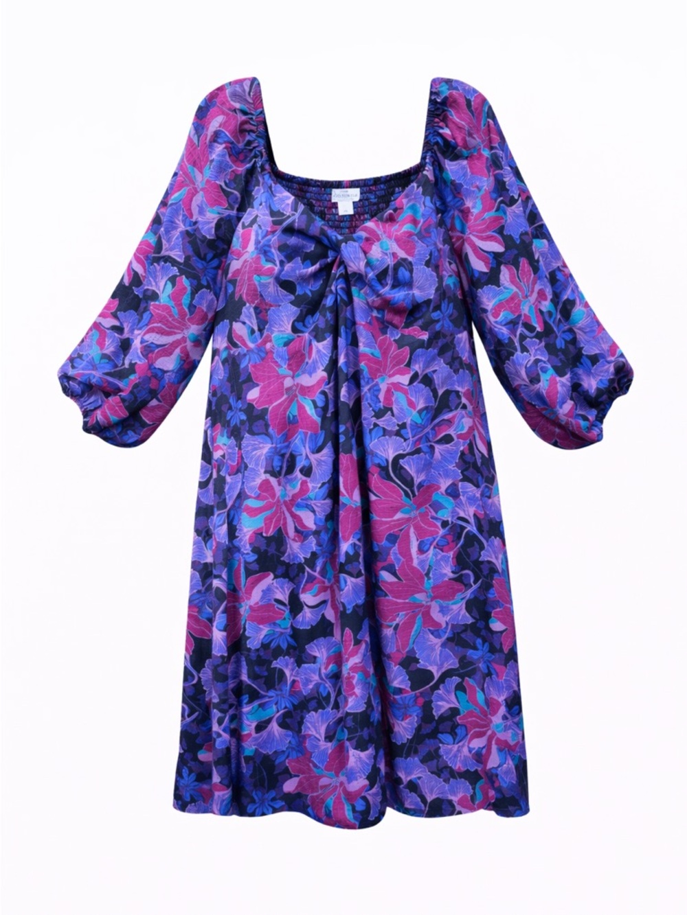 Additionelle abstract floral puff sleeve dress 2X  Midi black purple blue